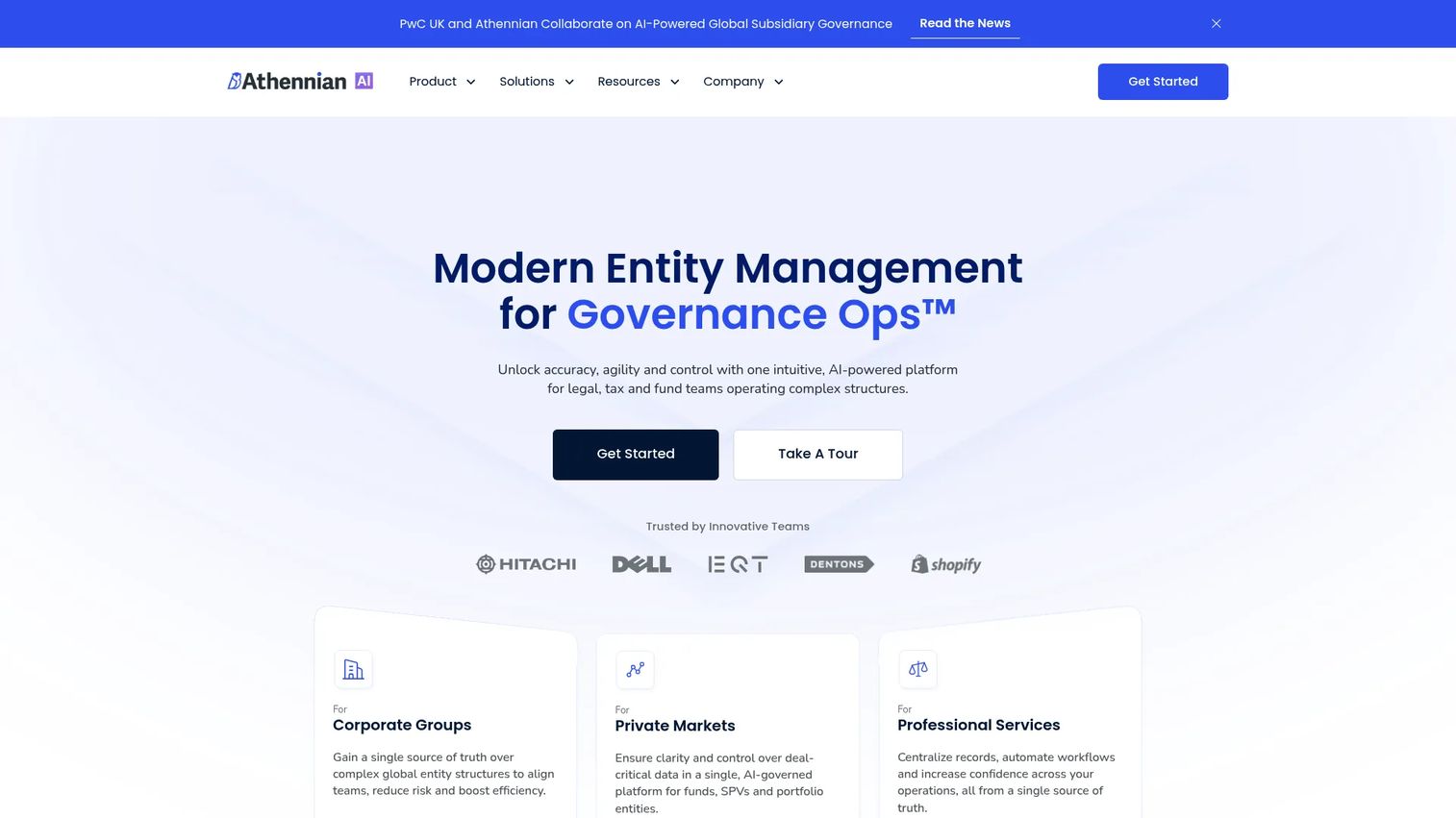 Athennian entity management platform showing subsidiary and ownership structure