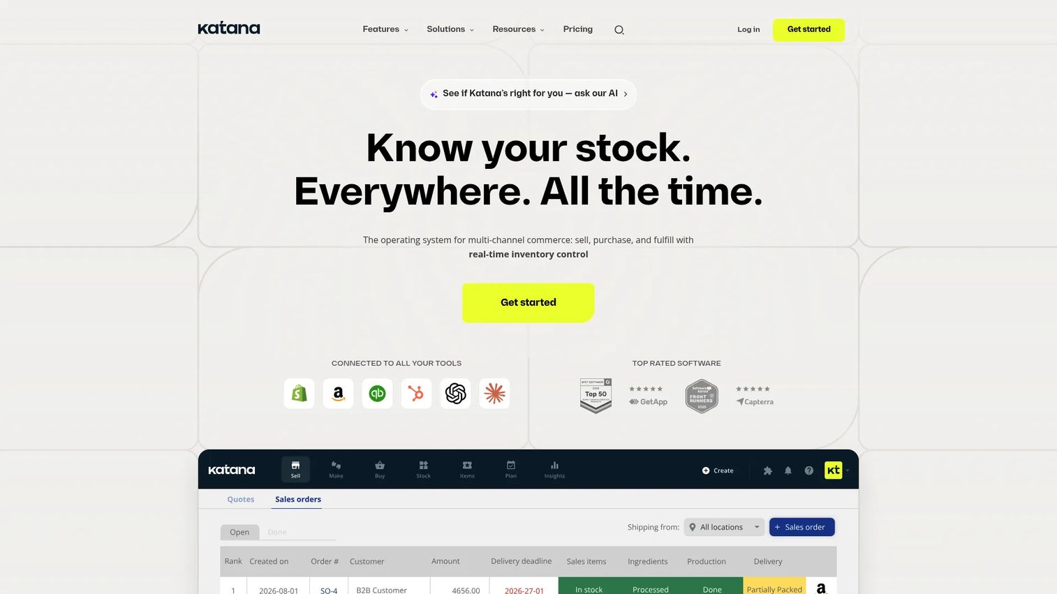 Katana production planning and inventory dashboard