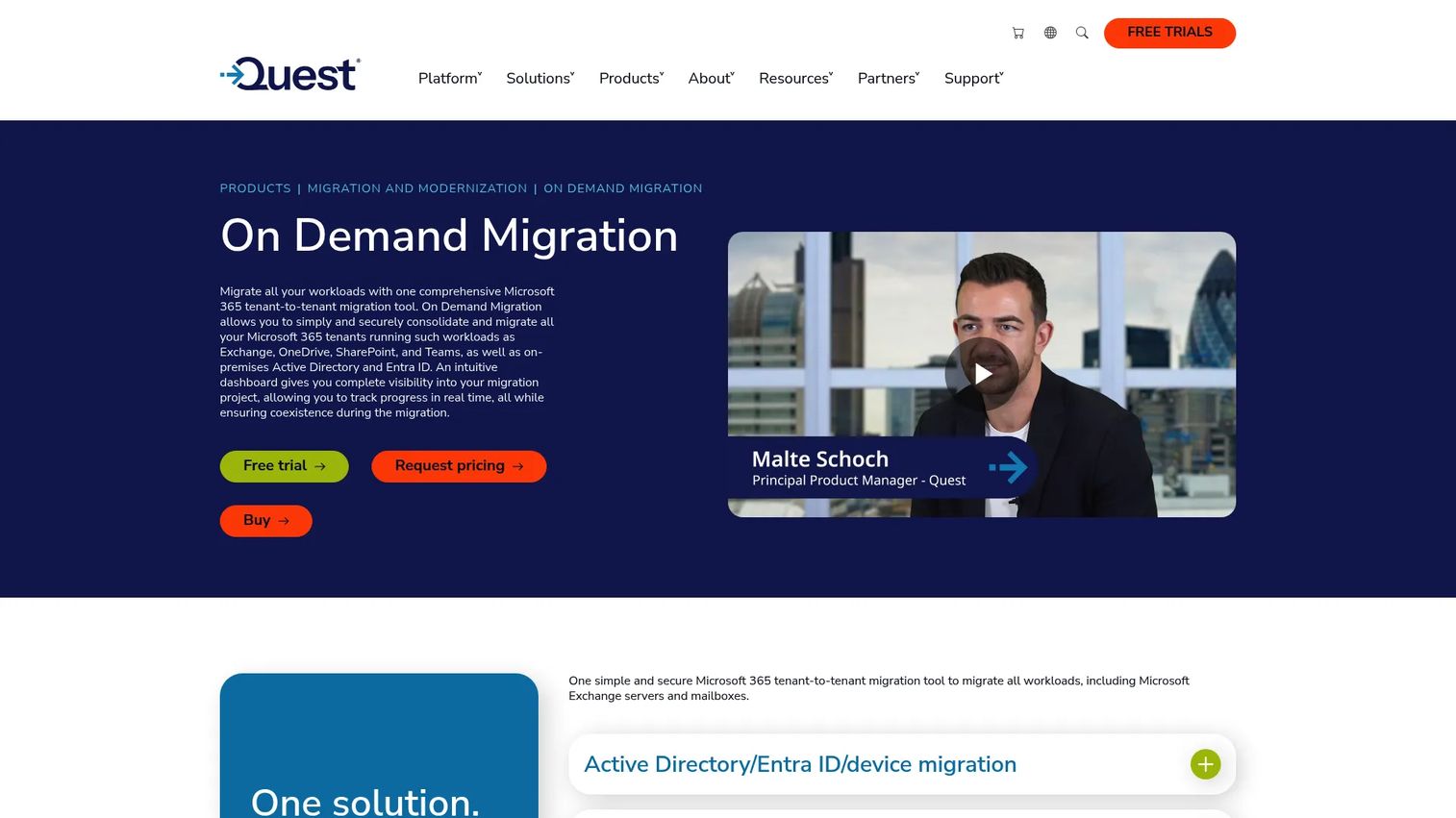 Quest On Demand Migration homepage screenshot
