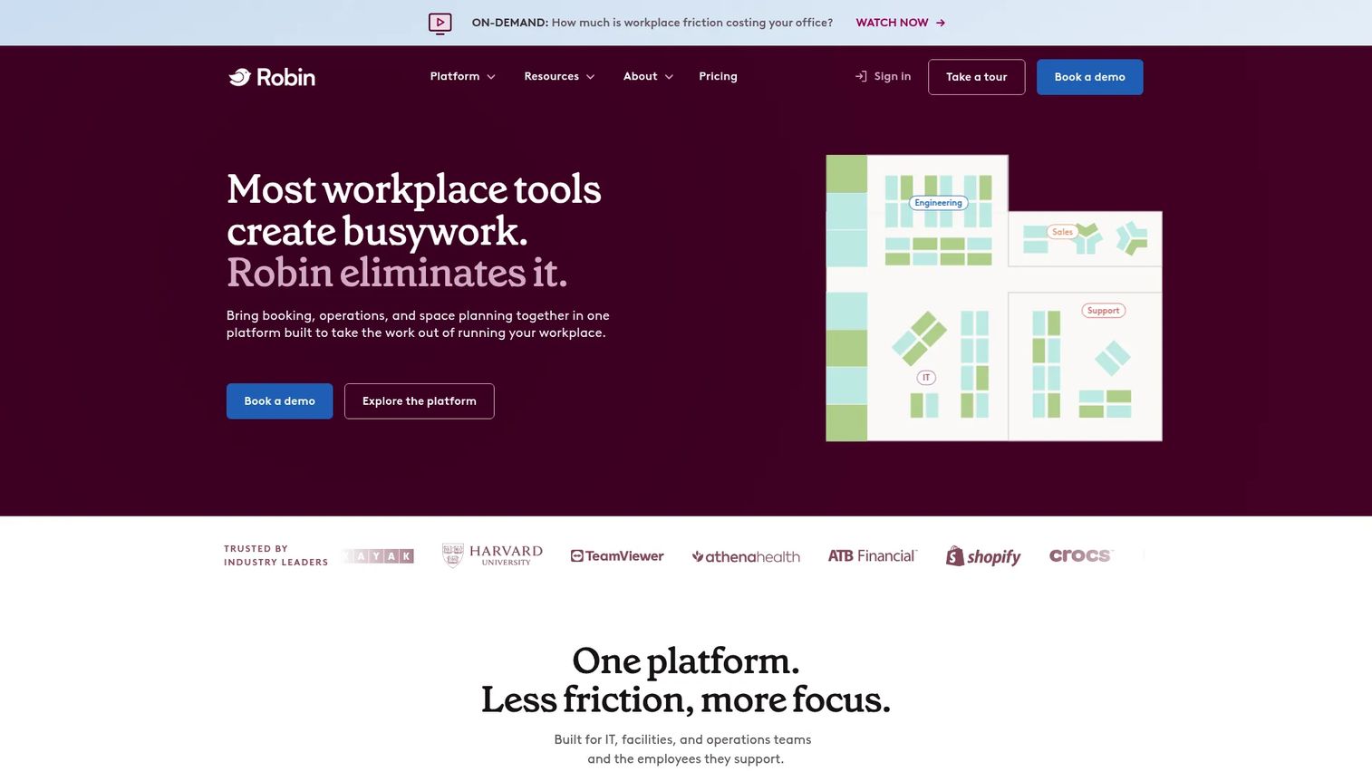 Robin meeting room display and workplace booking dashboard