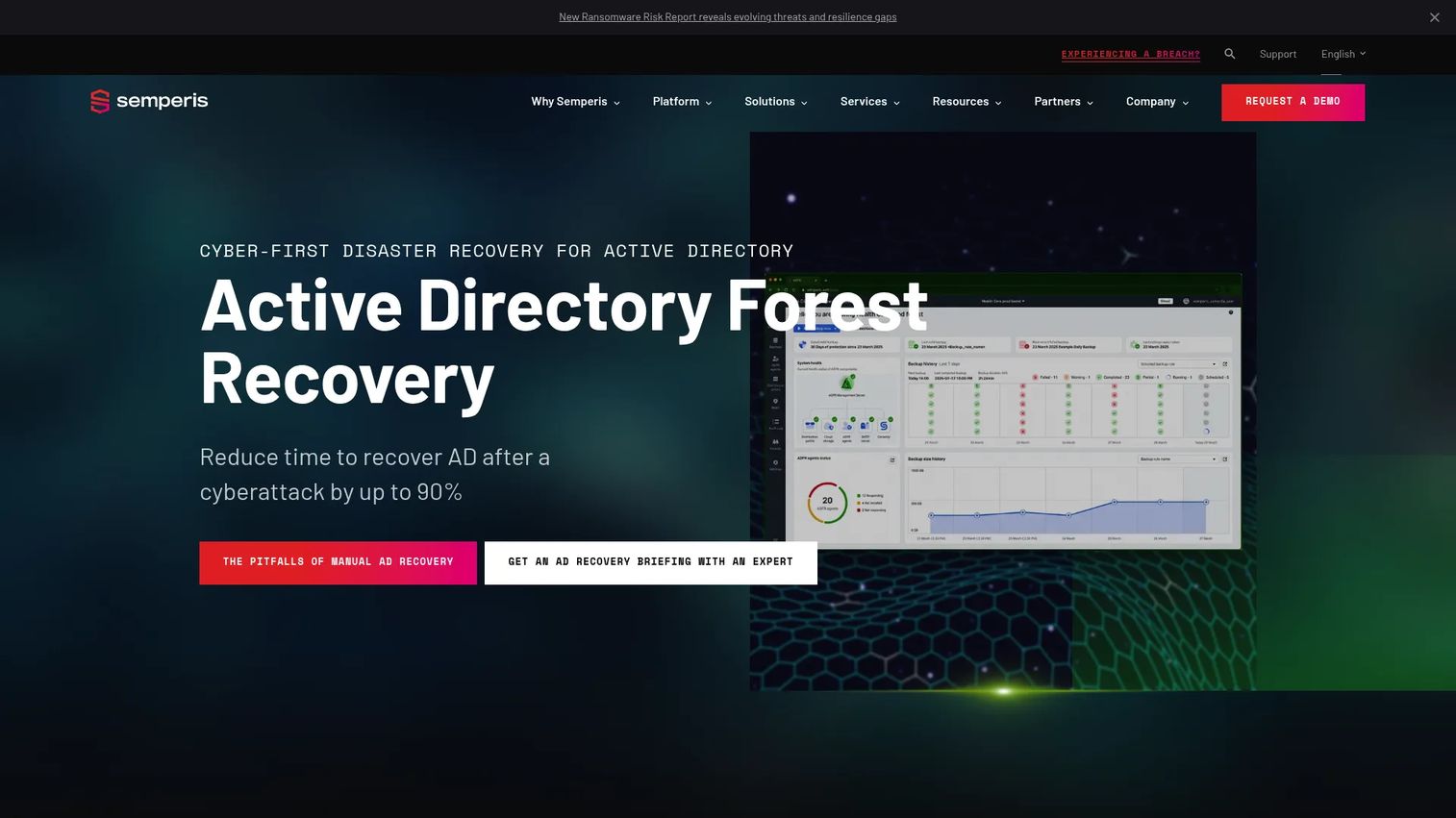 Semperis Active Directory Forest Recovery product page showing identity recovery and cyber recovery features
