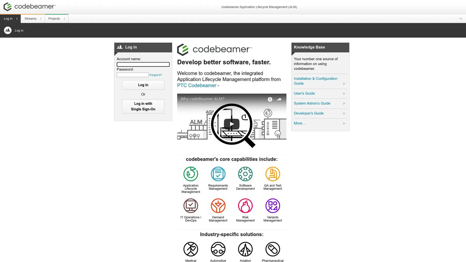 Codebeamer interface showing requirements, risk management, testing, and configurable workflows