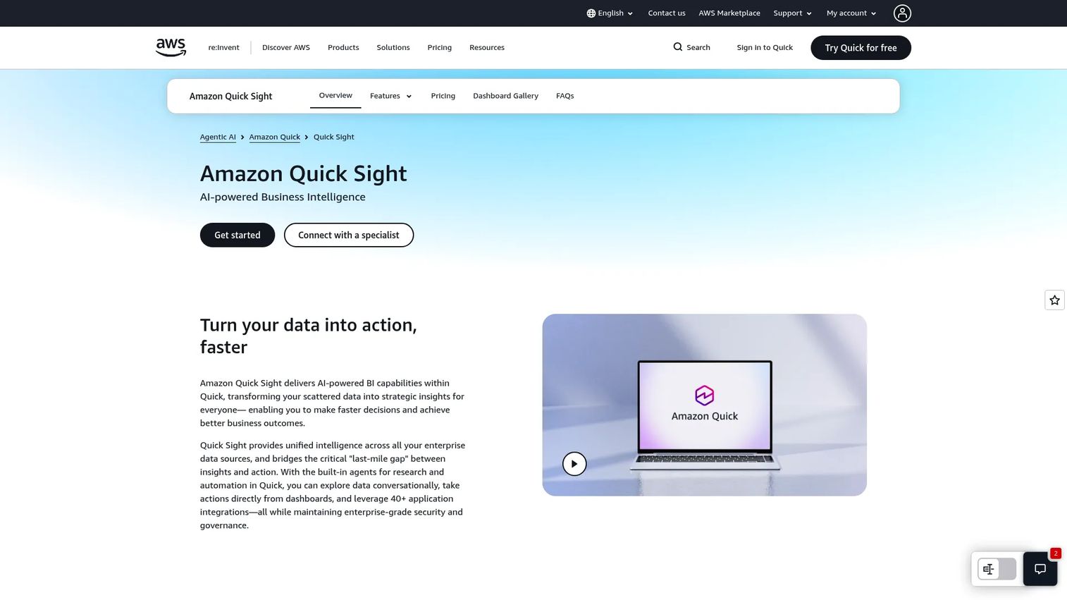 Amazon QuickSight marketplace analytics dashboard