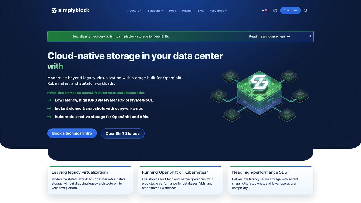 simplyblock distributed block storage supporting Kubernetes PersistentVolumes through NVMe over TCP.