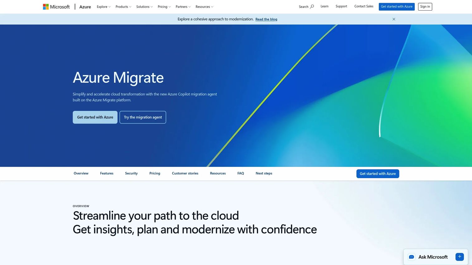 Azure Migrate homepage screenshot showing discovery and assessment dashboard