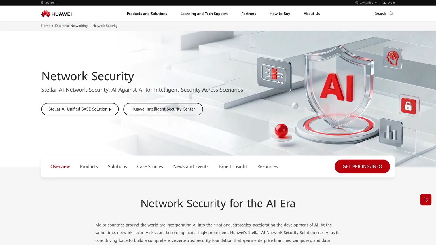 Huawei network security product page showing AI-based threat detection and integrated network protection portfolio