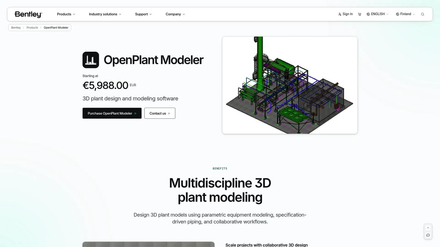 OpenPlant Modeler showing an intelligent 3D process plant model.