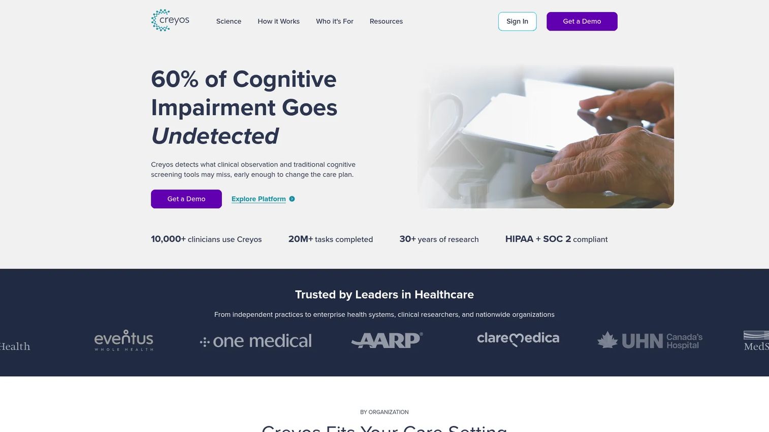 Creyos Health digital cognitive assessment dashboard for clinical cognitive measurement