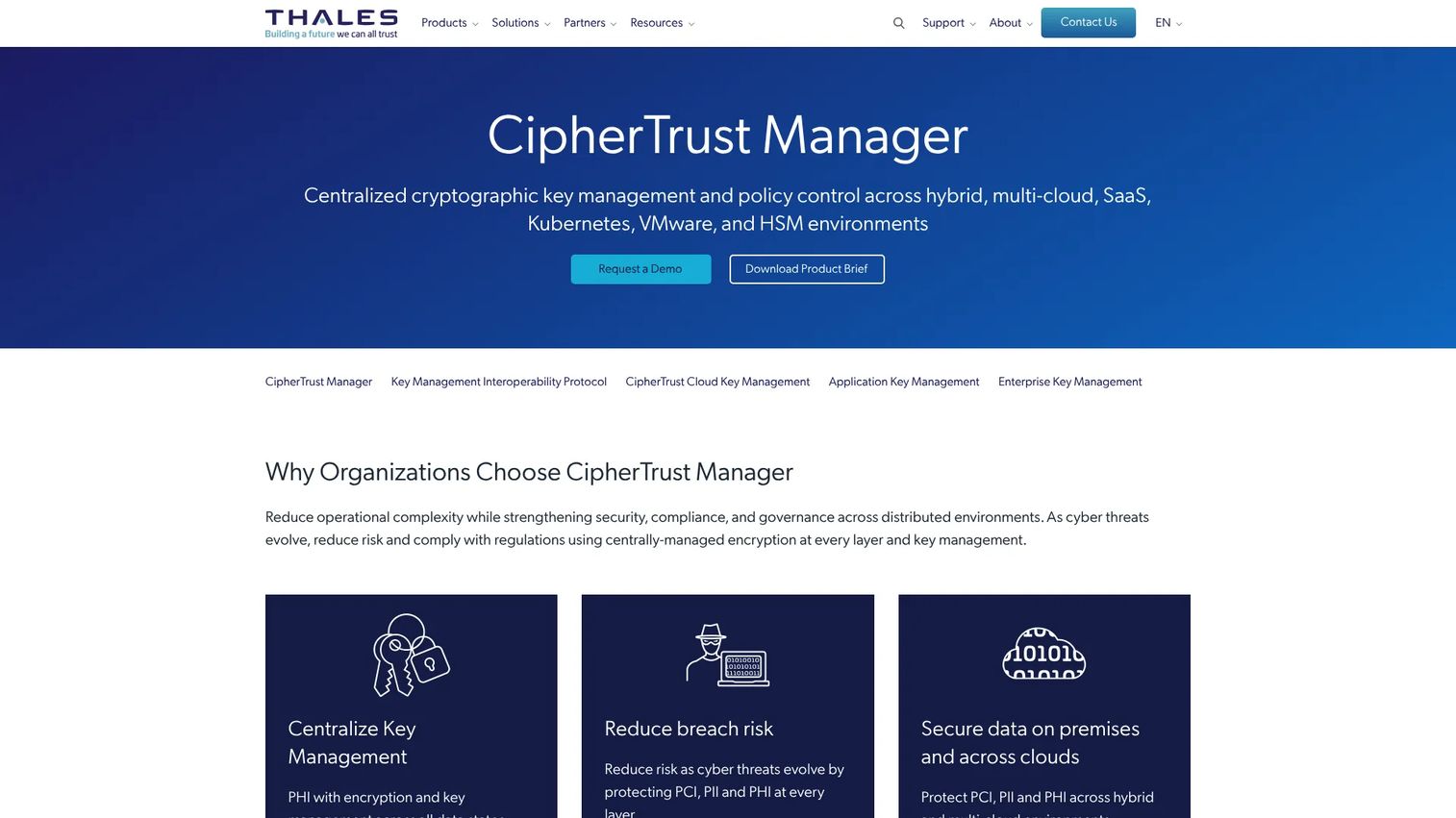 Thales CipherTrust Manager homepage showing centralized encryption key lifecycle management