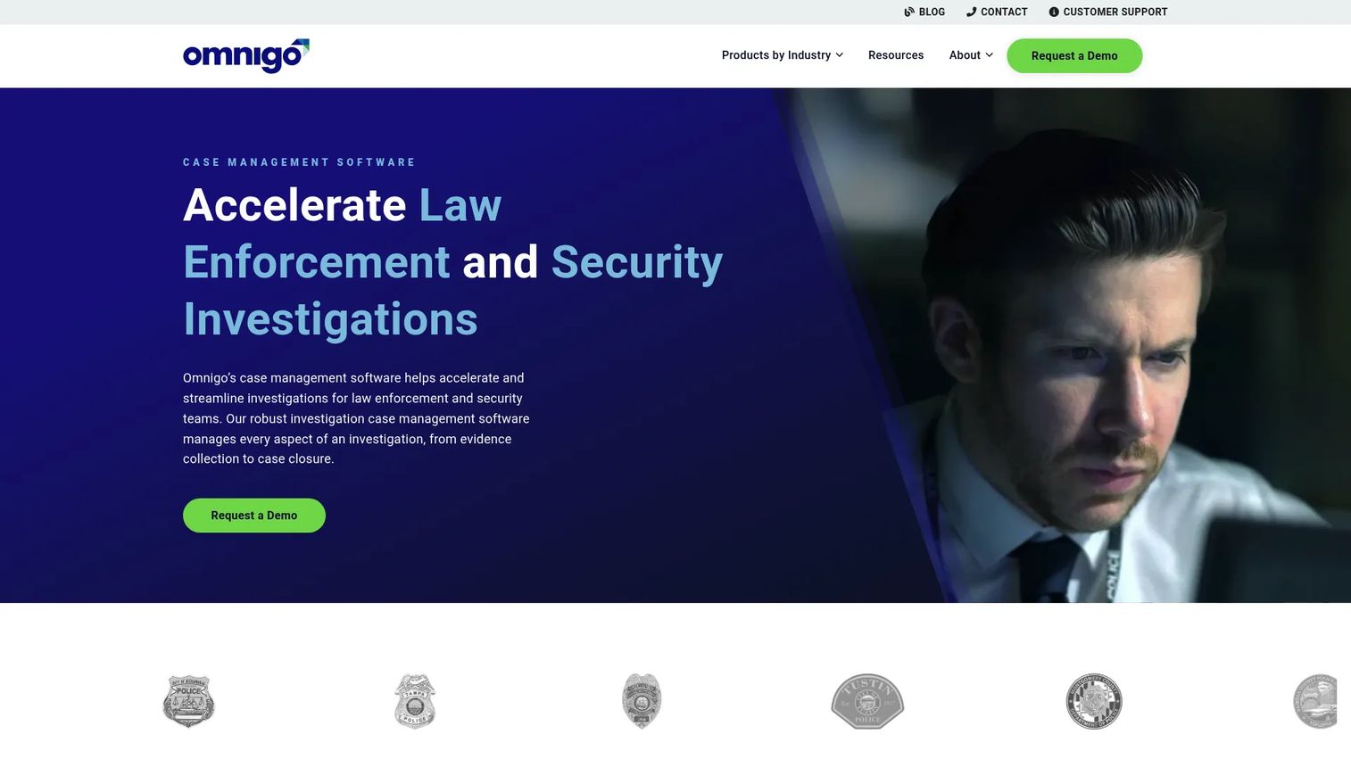 Omnigo case management software showing investigation timelines, case data, and evidence management interface