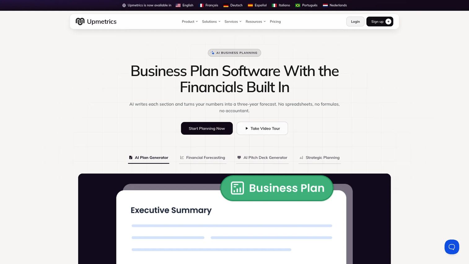 Upmetrics homepage screenshot