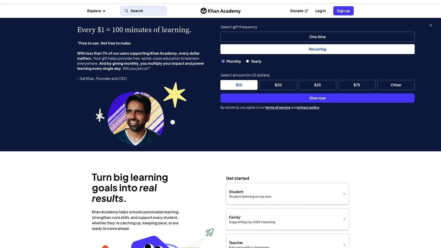 Khan Academy homepage screenshot