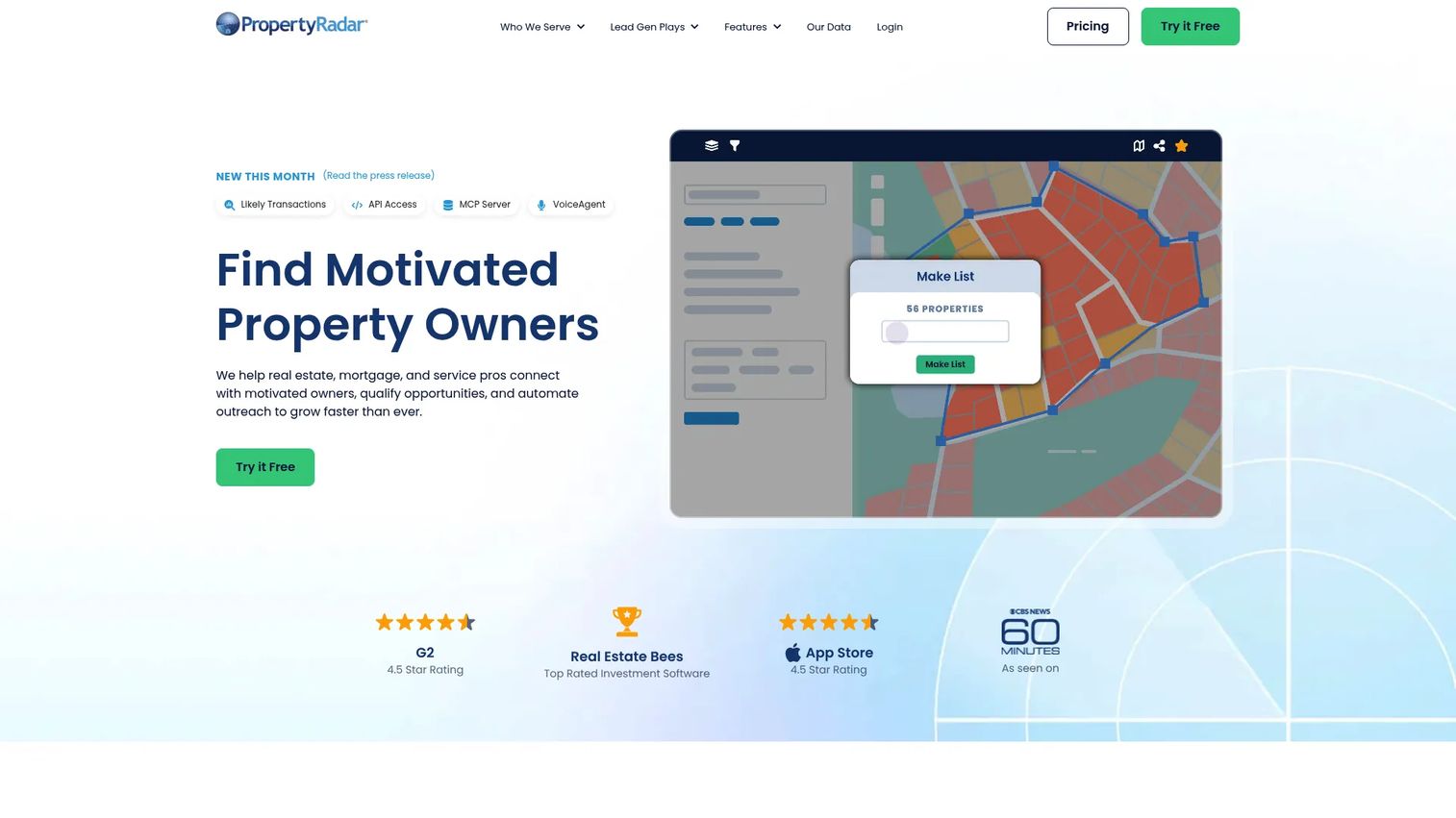 PropertyRadar map interface with property filters and owner data