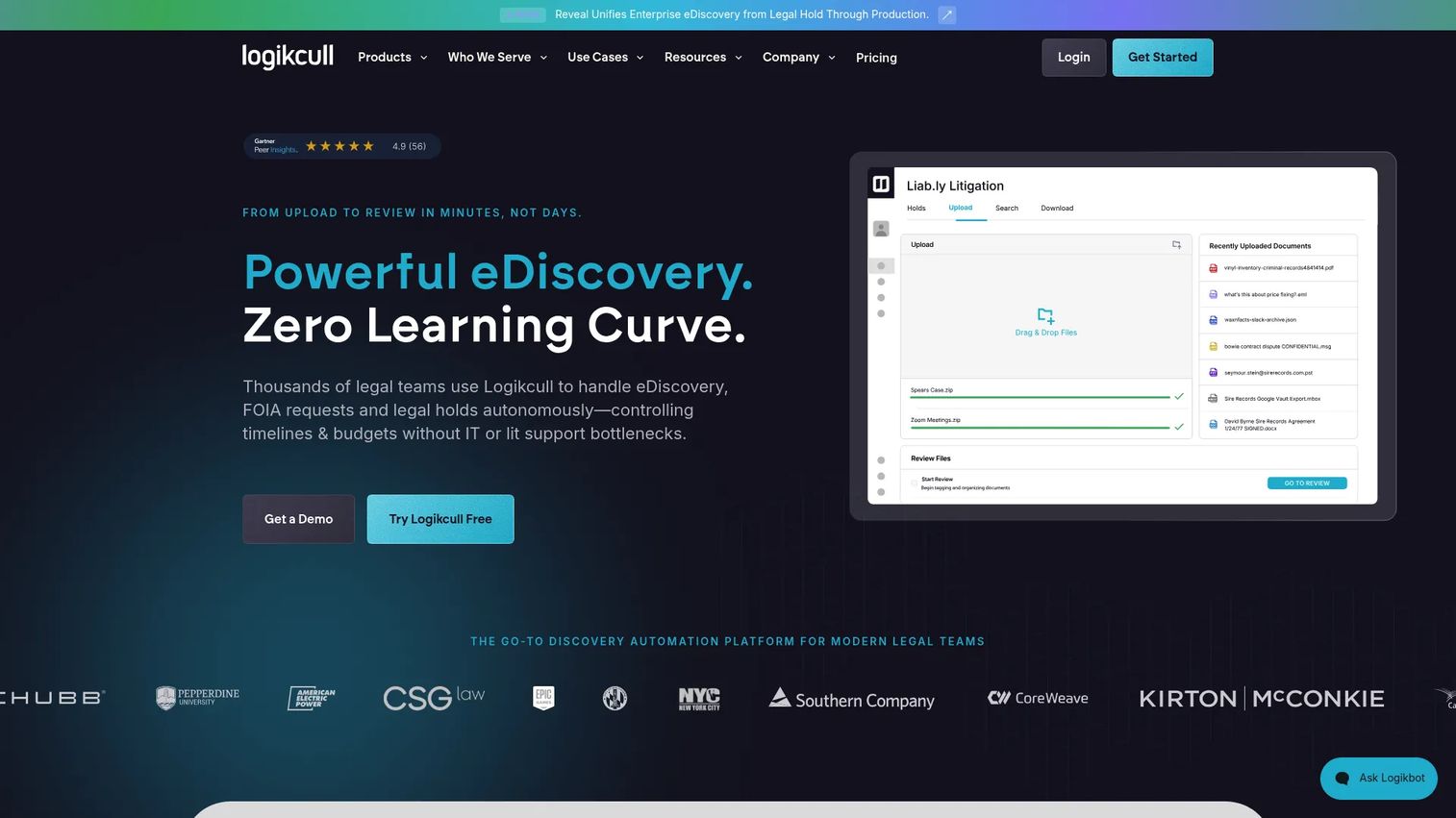 Logikcull eDiscovery and legal holds platform showing document processing, search review, and GenAI fact-finding interface