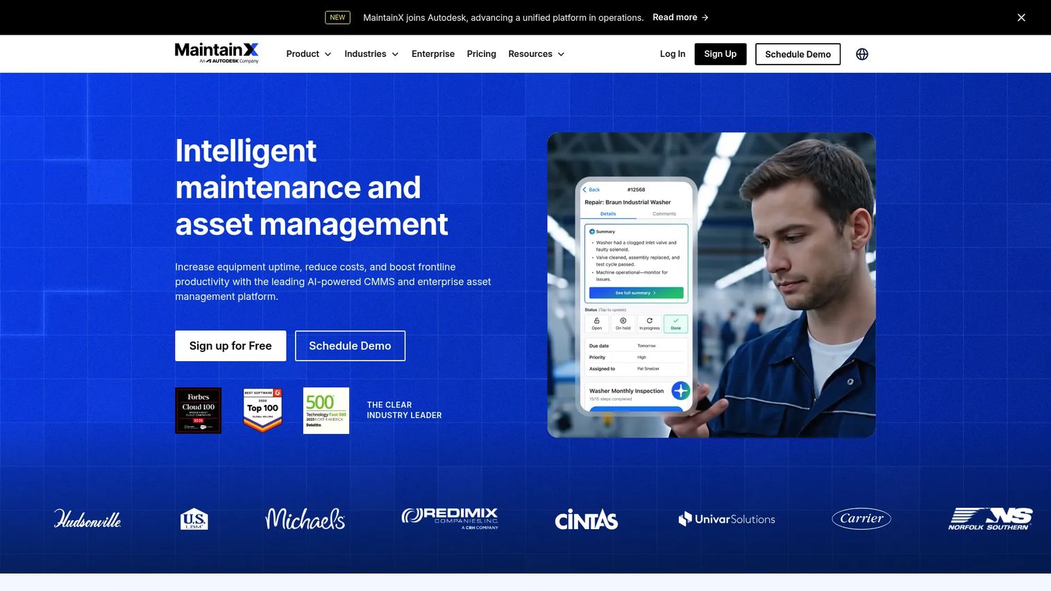 MaintainX mobile maintenance app displaying work orders, inspections, and technician tasks.