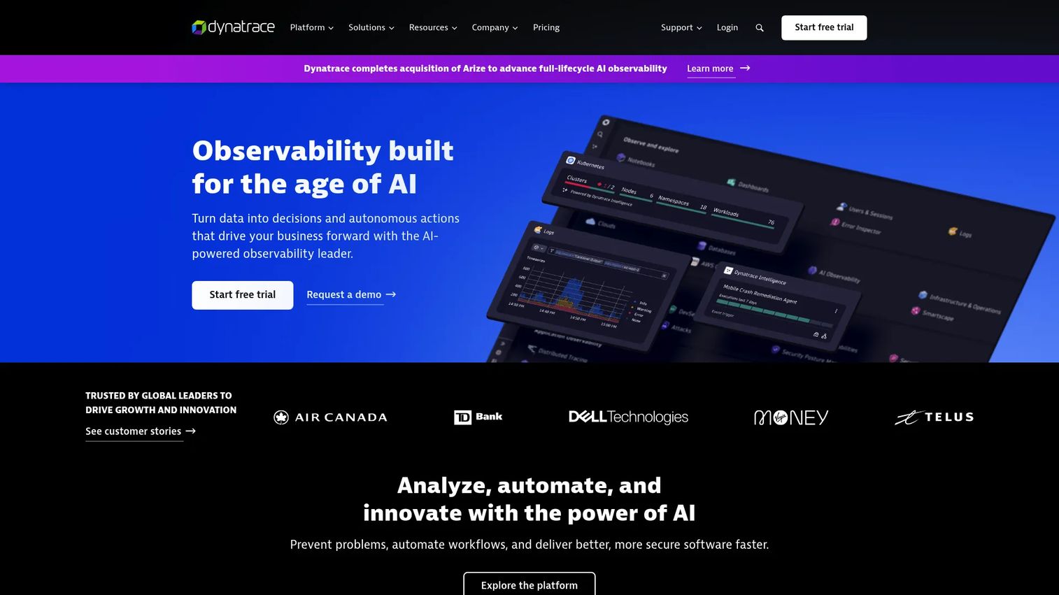 Dynatrace log analytics and causal analysis interface