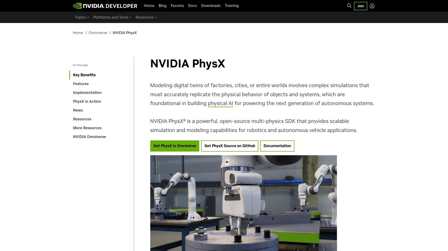 PhysX NVIDIA developer page screenshot