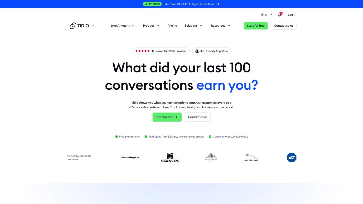 Tidio homepage screenshot