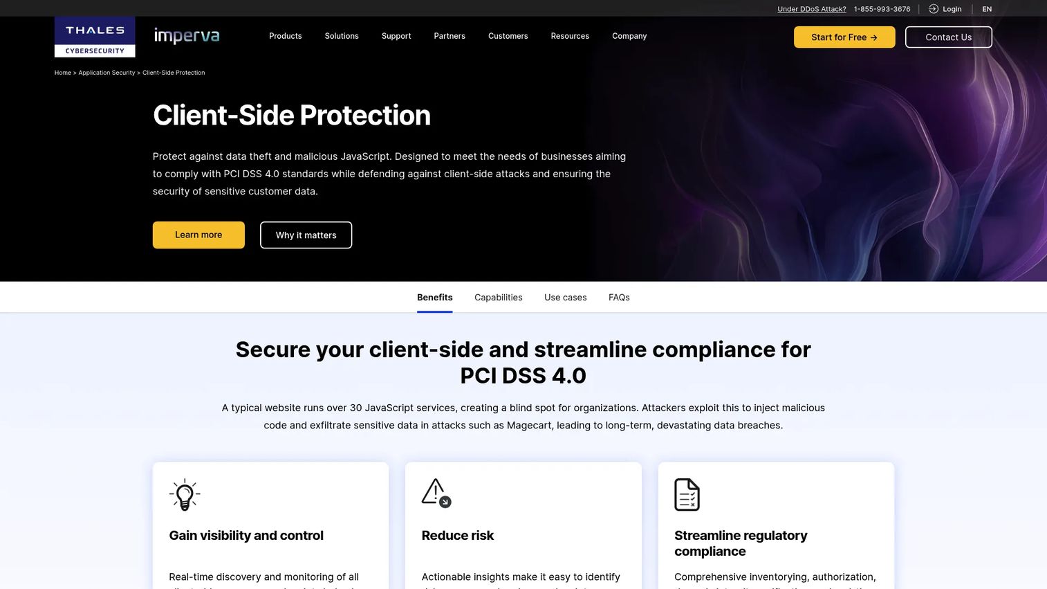 Imperva client-side protection interface for script discovery, risk scoring, and CSP controls.