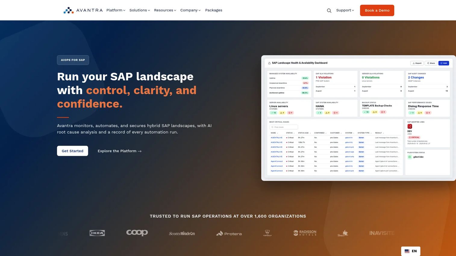 Avantra dashboard for SAP hybrid monitoring, automation, and security checks