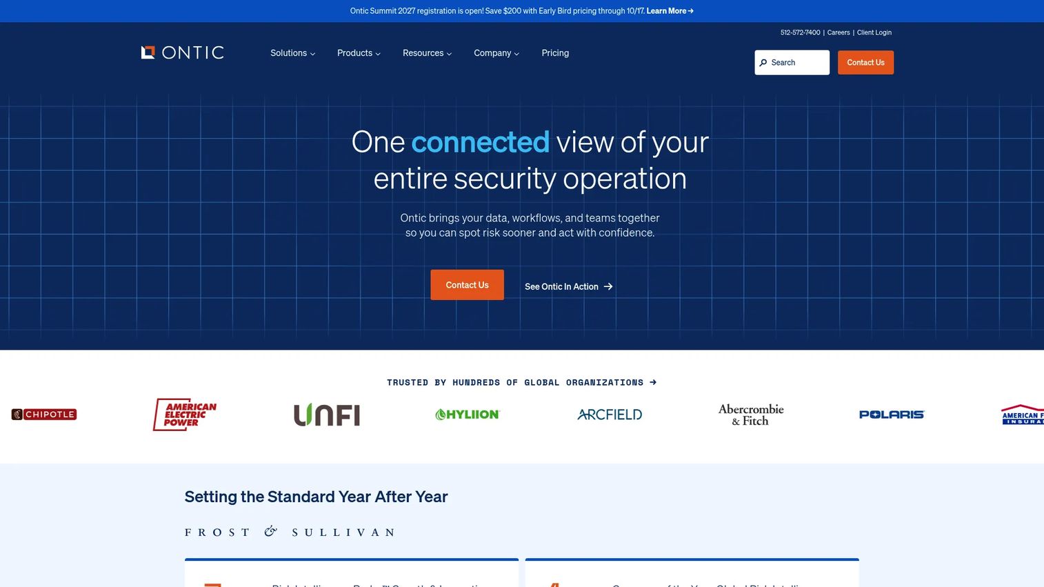 Ontic connected intelligence platform showing threat monitoring, investigations, and security dashboards