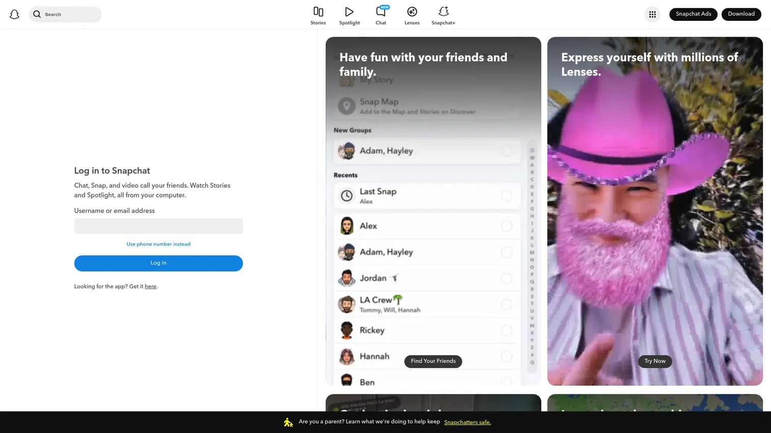 Snapchat homepage screenshot