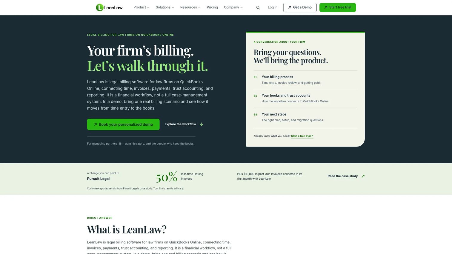 LeanLaw dashboard showing legal billing synced with QuickBooks Online