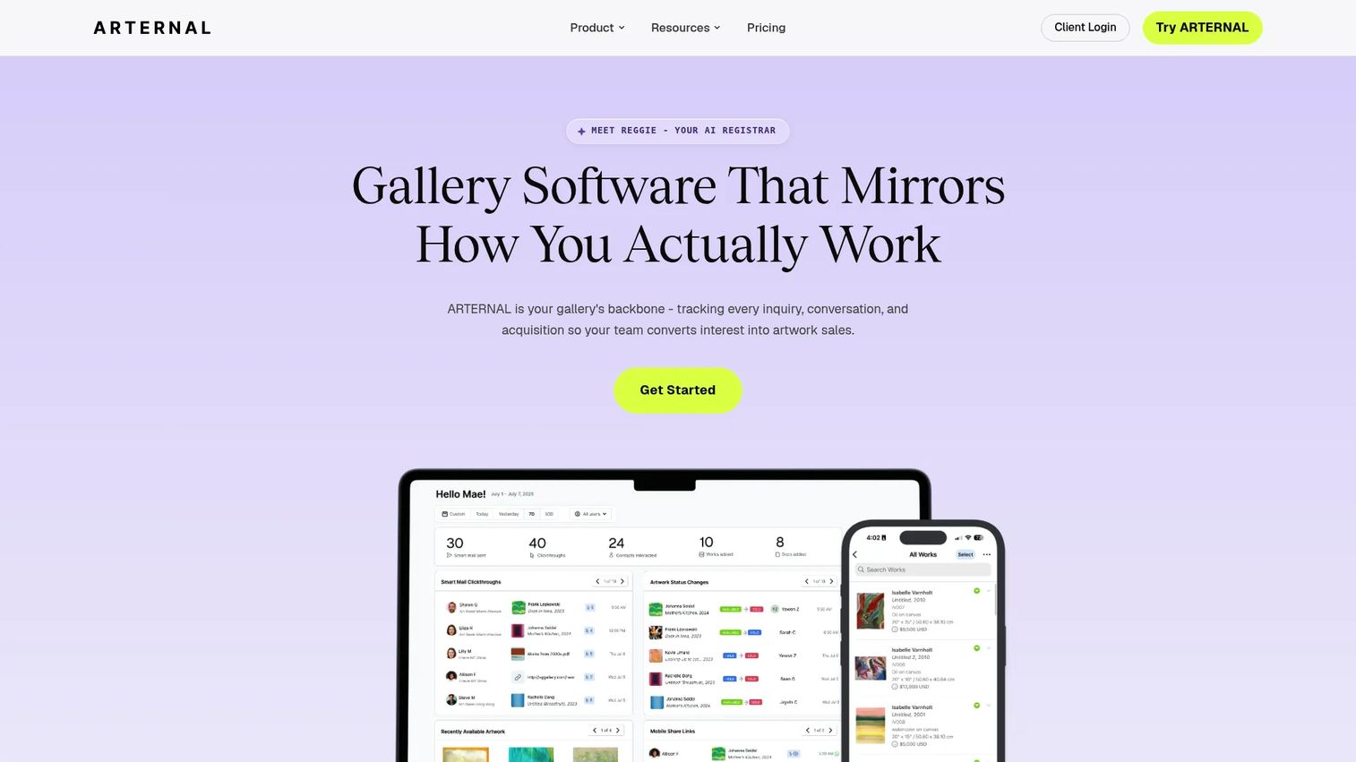 ARTERNAL gallery CRM dashboard with collector contacts and sales pipeline