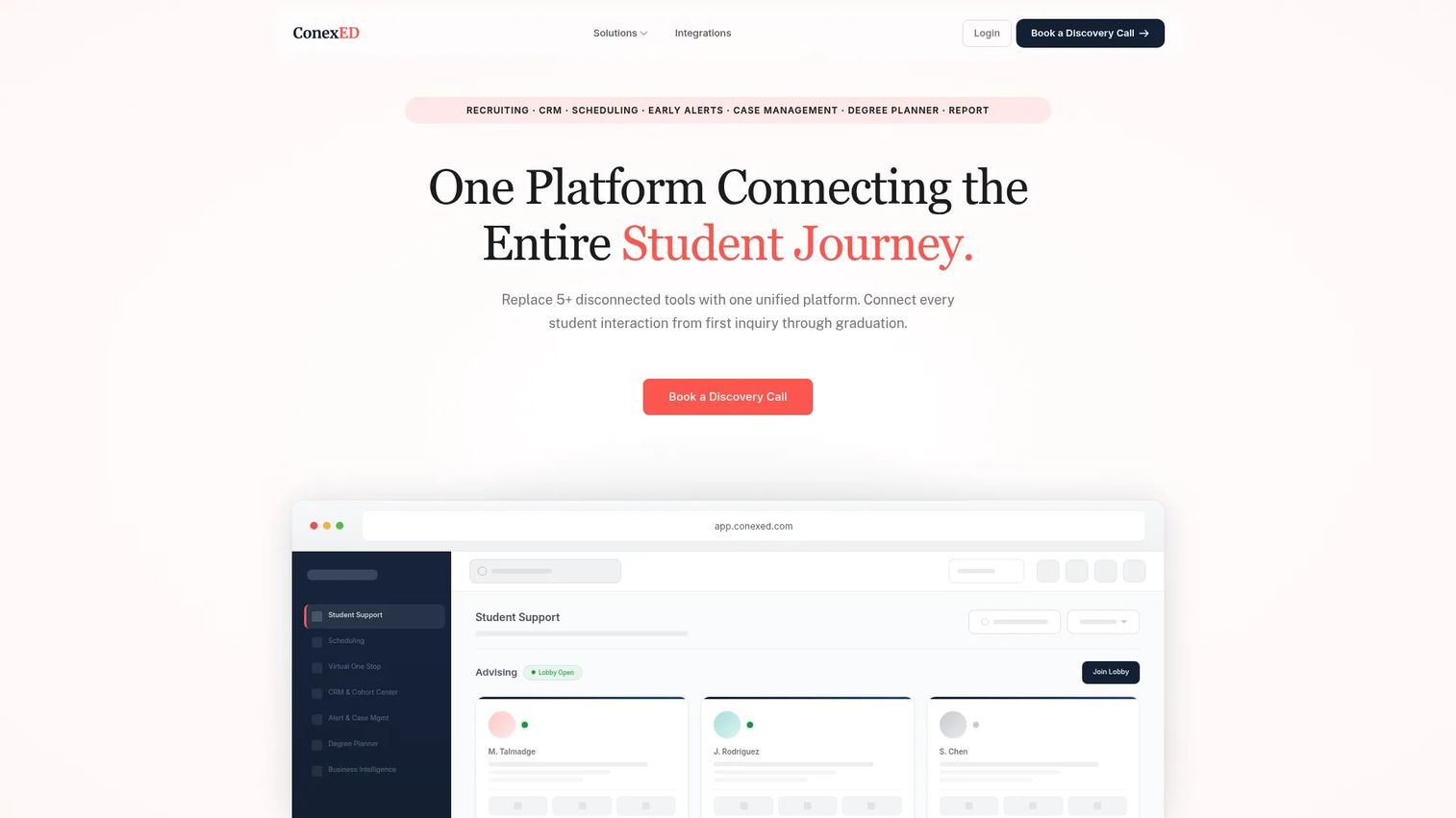 ConexED virtual advising platform with online appointments and student support tools.