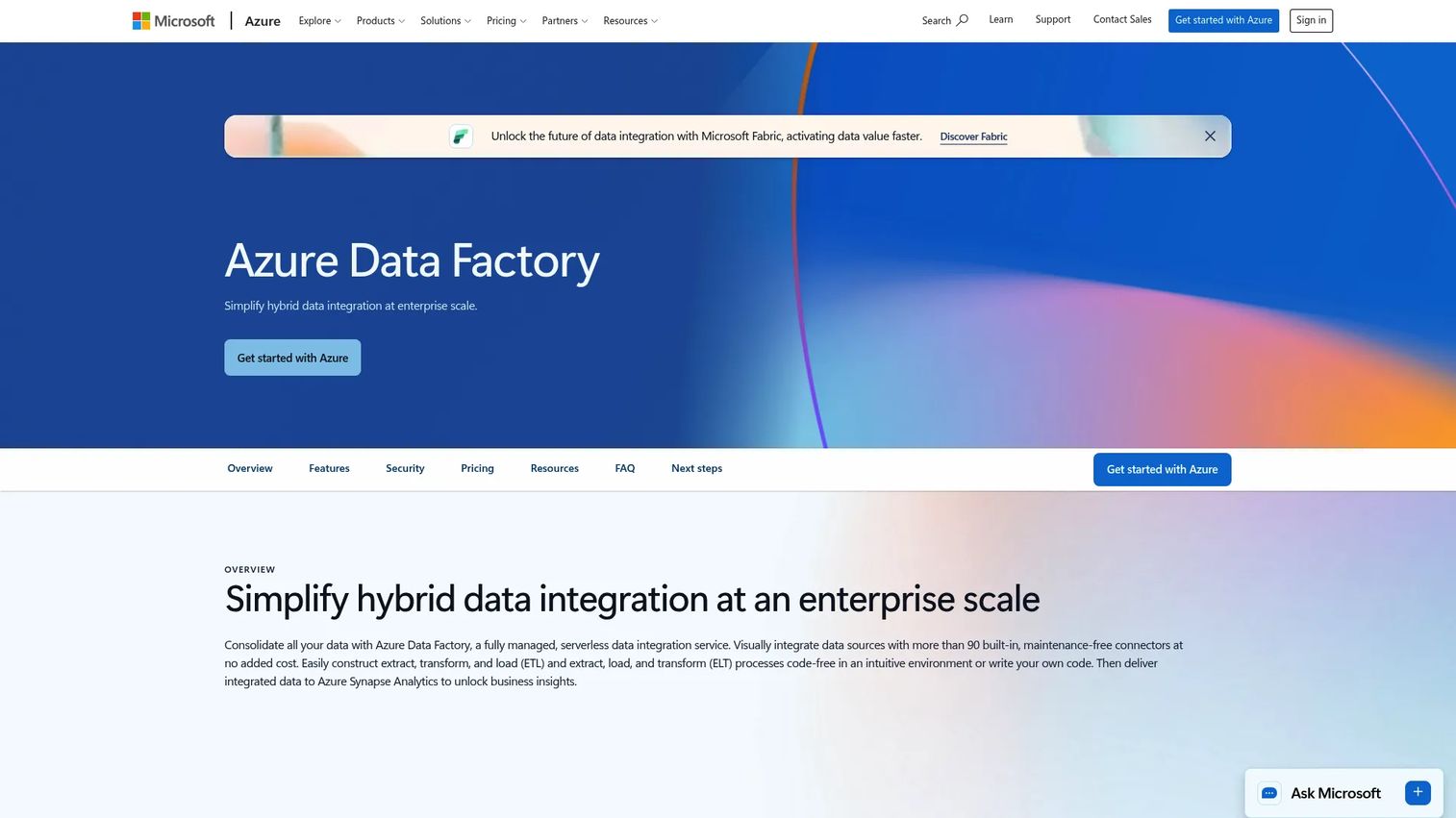 Azure Data Factory pipeline orchestration canvas for cloud data integration
