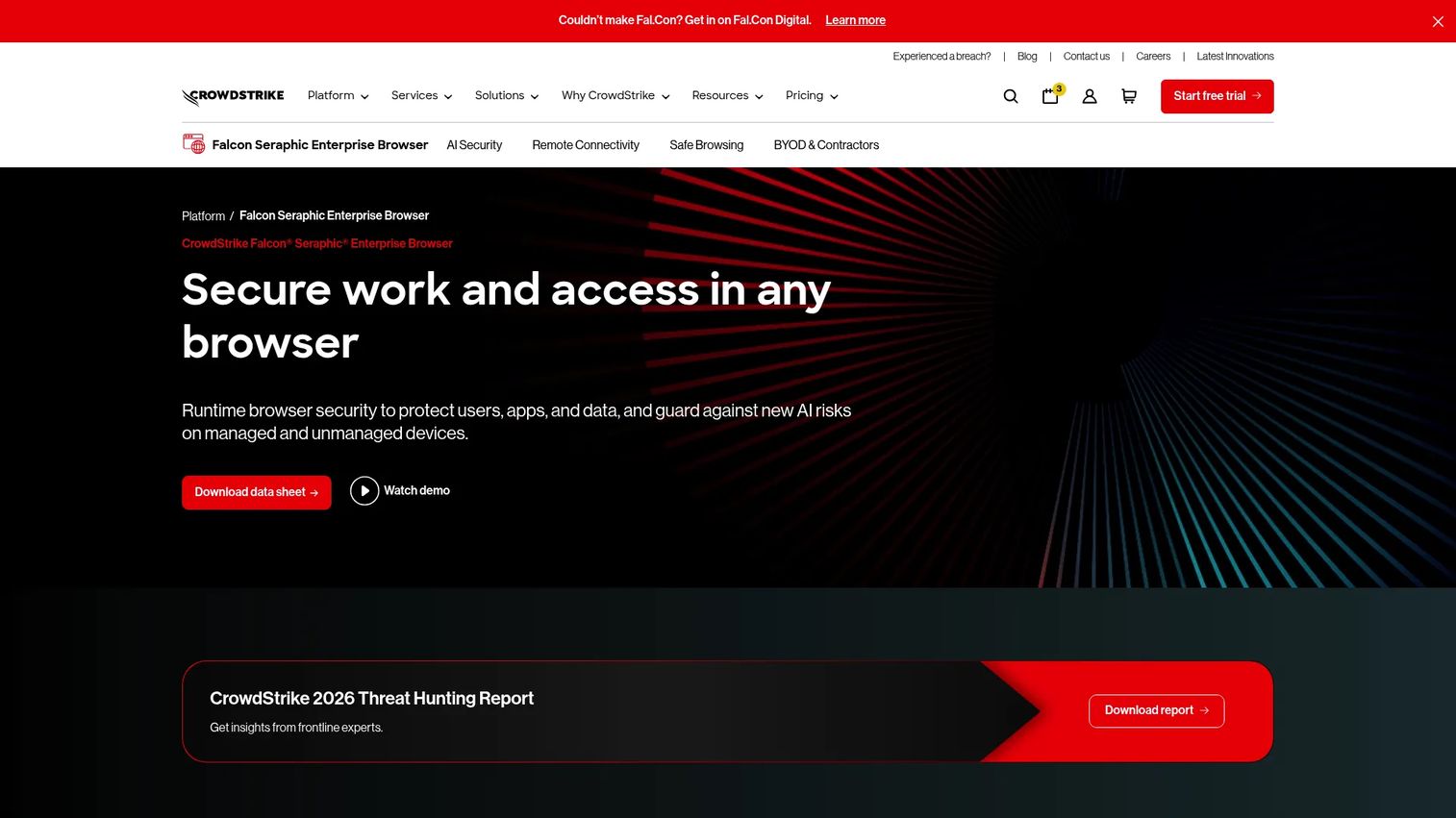 CrowdStrike Falcon Seraphic Enterprise Browser page showing browser-native security across multiple browsers