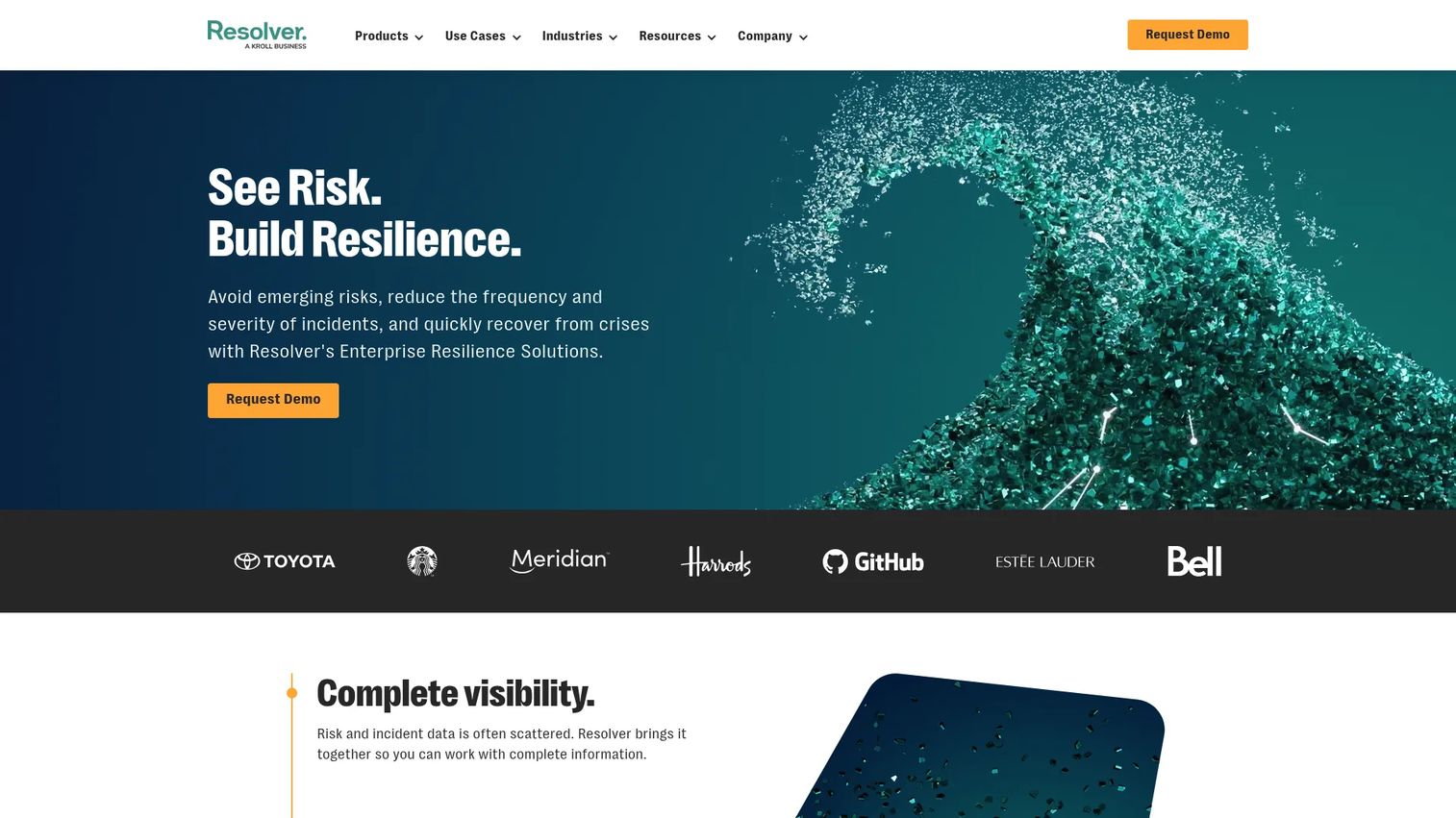 Resolver enterprise risk and incident management platform showing connected risk, investigation, and compliance dashboards