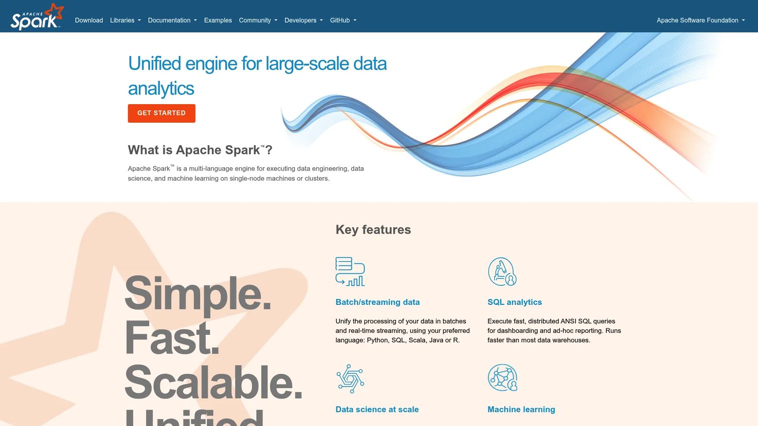Apache Spark homepage showing the unified analytics engine