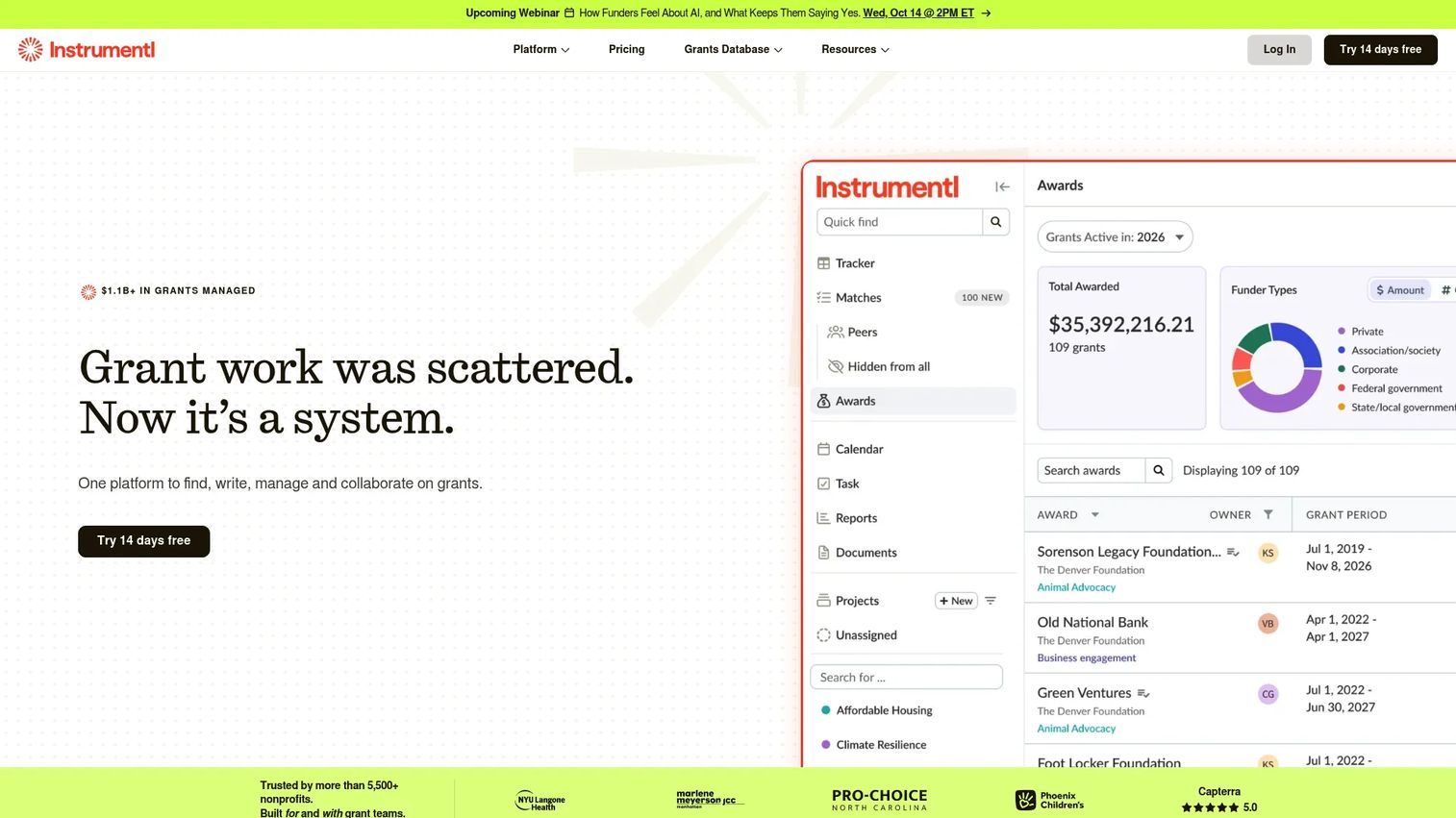Instrumentl grant prospecting software dashboard for nonprofit fundraising teams
