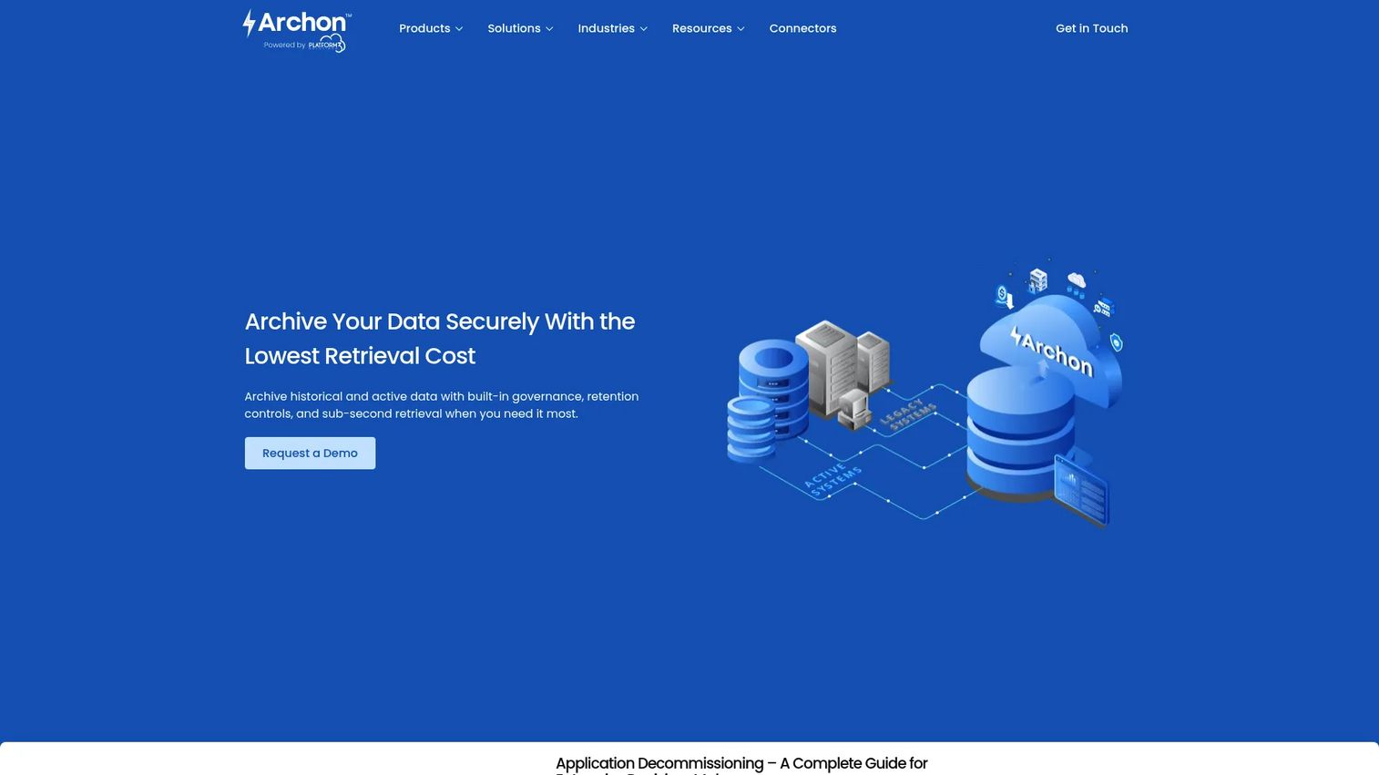 Archon Suite screenshot showing enterprise data archiving, metadata governance, and tiered storage management