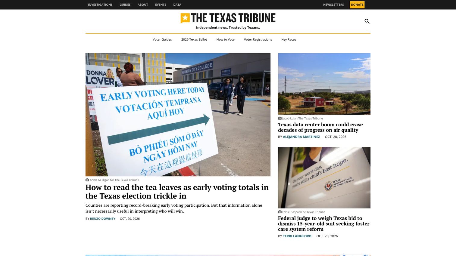 The Texas Tribune homepage showing Texas politics and policy journalism