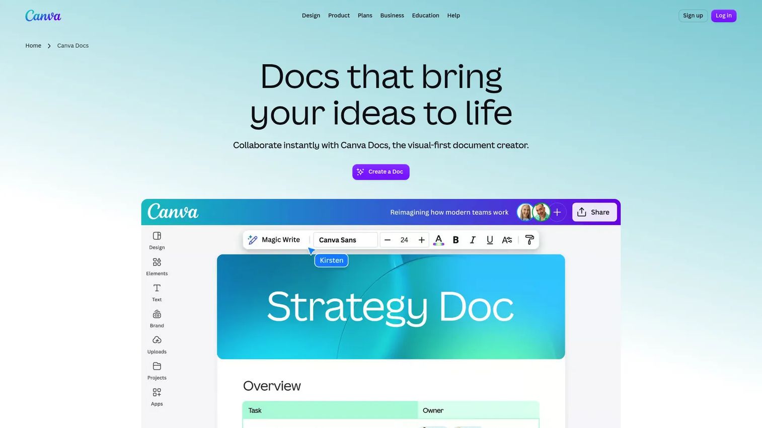 Canva Docs editor for branded visual documents