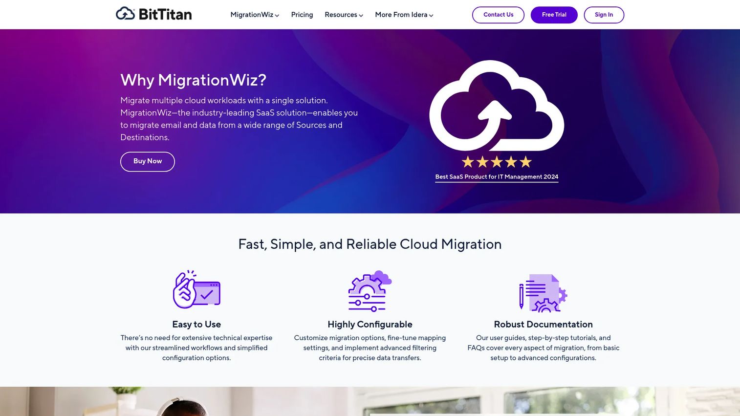 MigrationWiz homepage screenshot showing cloud migration interface