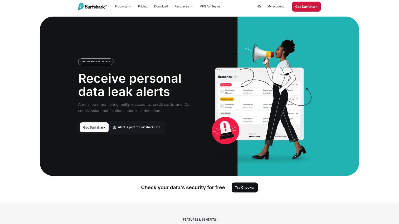 Surfshark Alert data breach monitoring dashboard