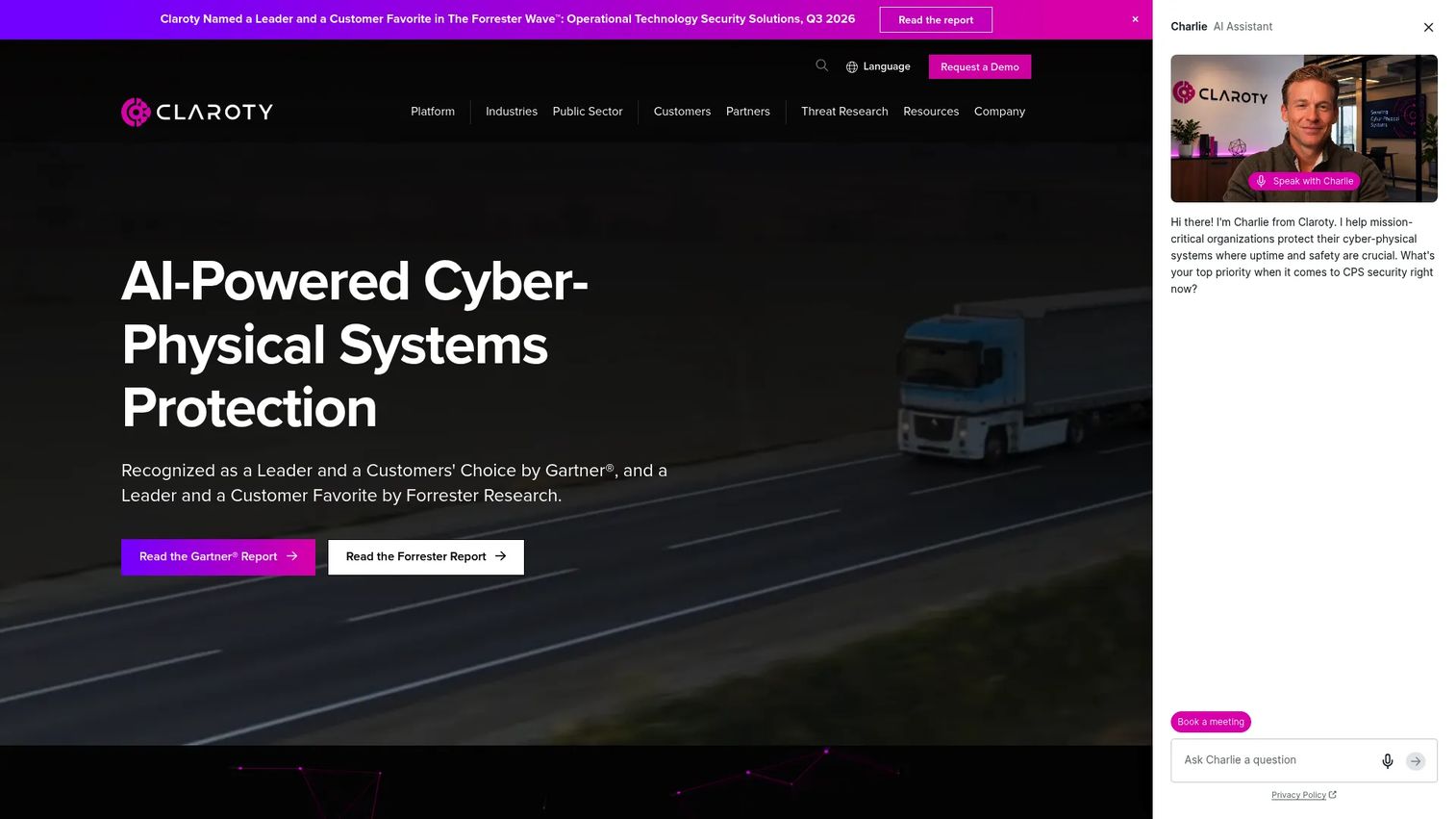 Claroty platform homepage showing OT and cyber-physical security overview