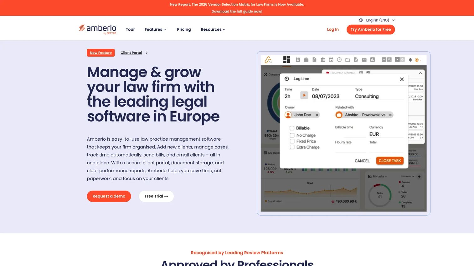 Amberlo cloud legal practice management dashboard with billing tools