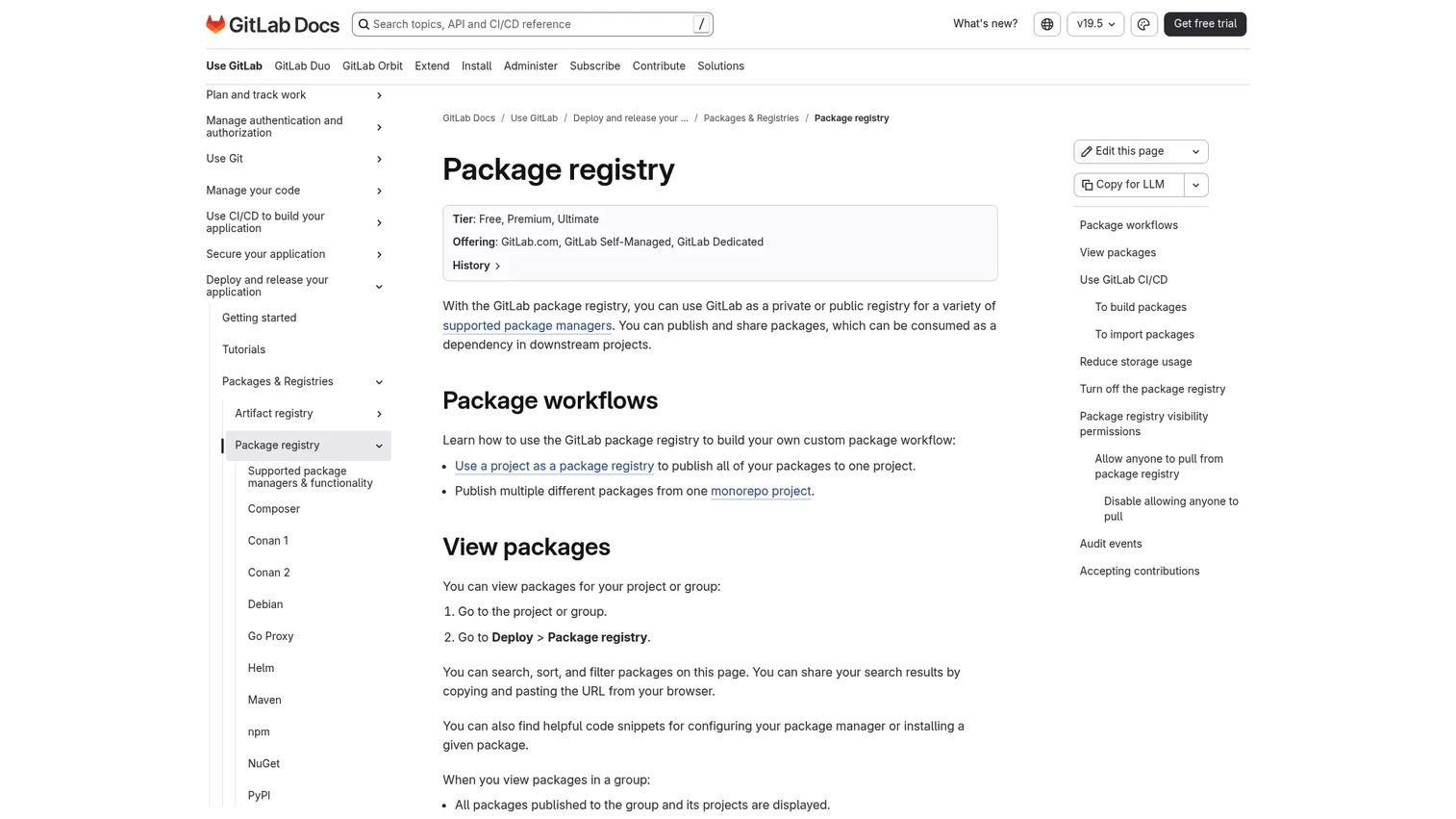 GitLab Package Registry interface for publishing and managing software packages