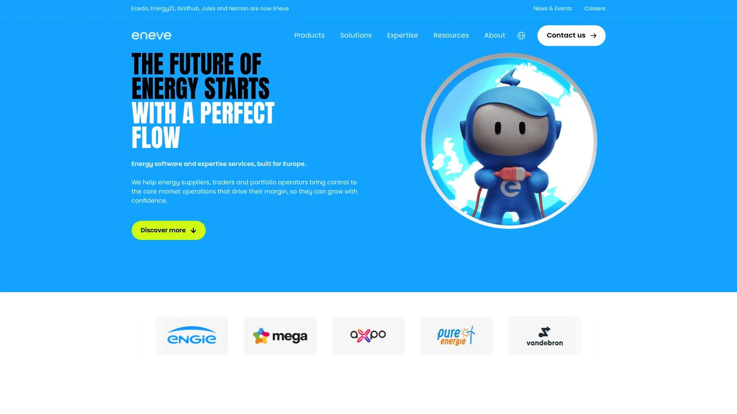 Energy21 homepage showing energy data management and EBASE platform for suppliers and producers