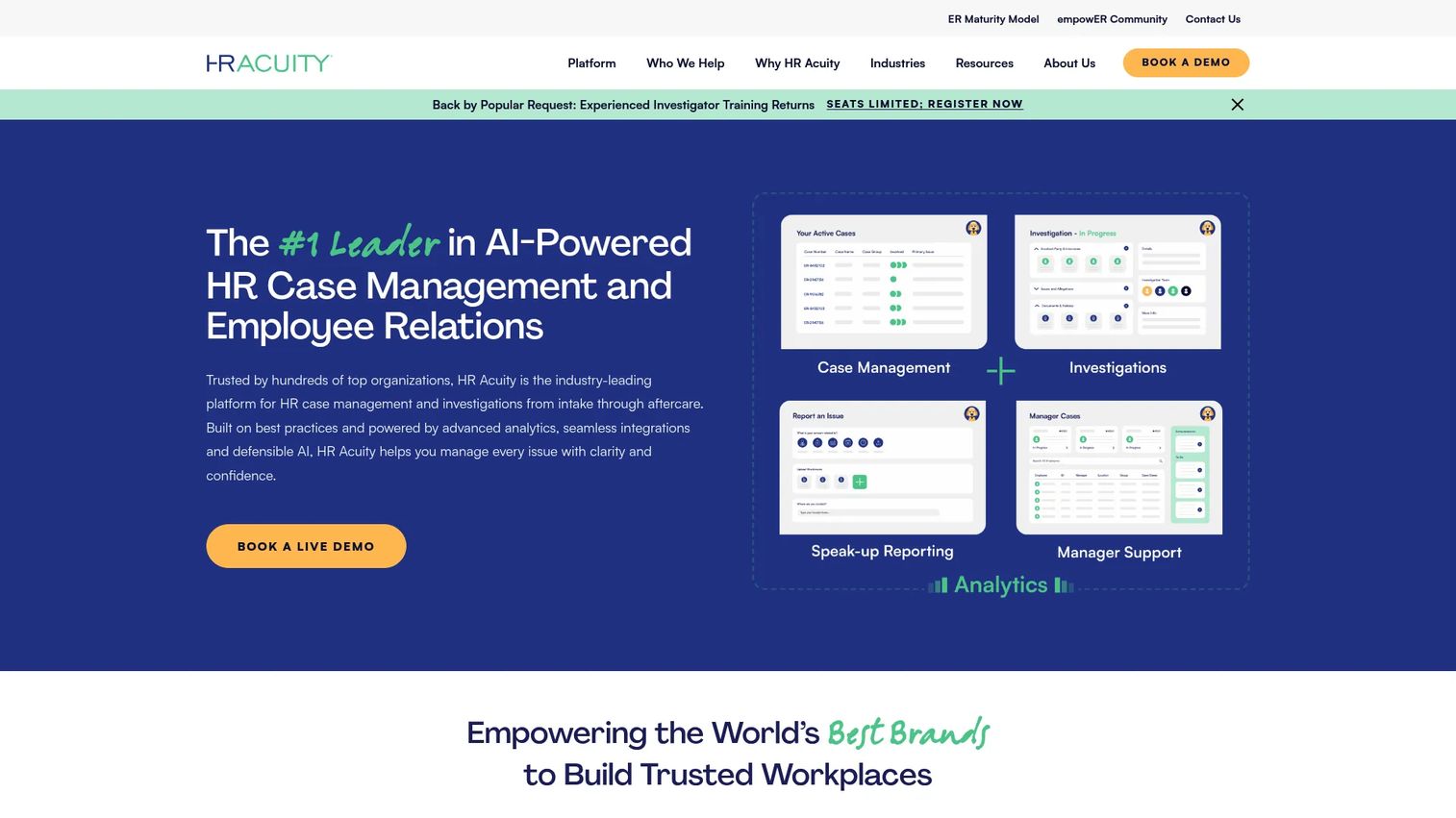 HR Acuity employee relations and workplace investigation platform showing case management dashboards, investigation workflows, and analytics