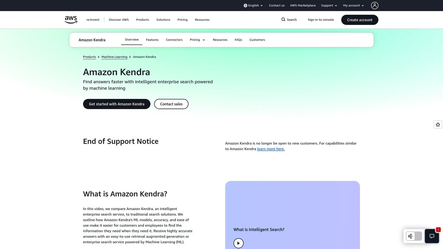 Amazon Kendra enterprise search setup in the AWS console