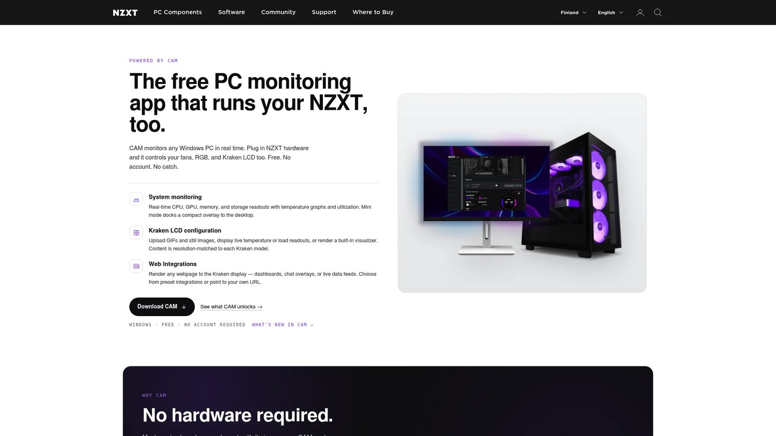 NZXT CAM dashboard displaying CPU and GPU temperatures, utilization, and cooling data.
