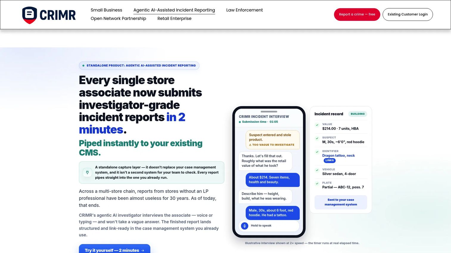 CRIMR incident reporting software showing AI-guided interview interface and structured incident capture fields