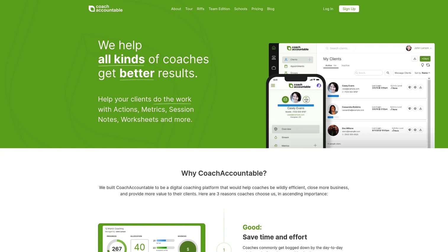 CoachAccountable platform showing client accountability dashboard and action tracking