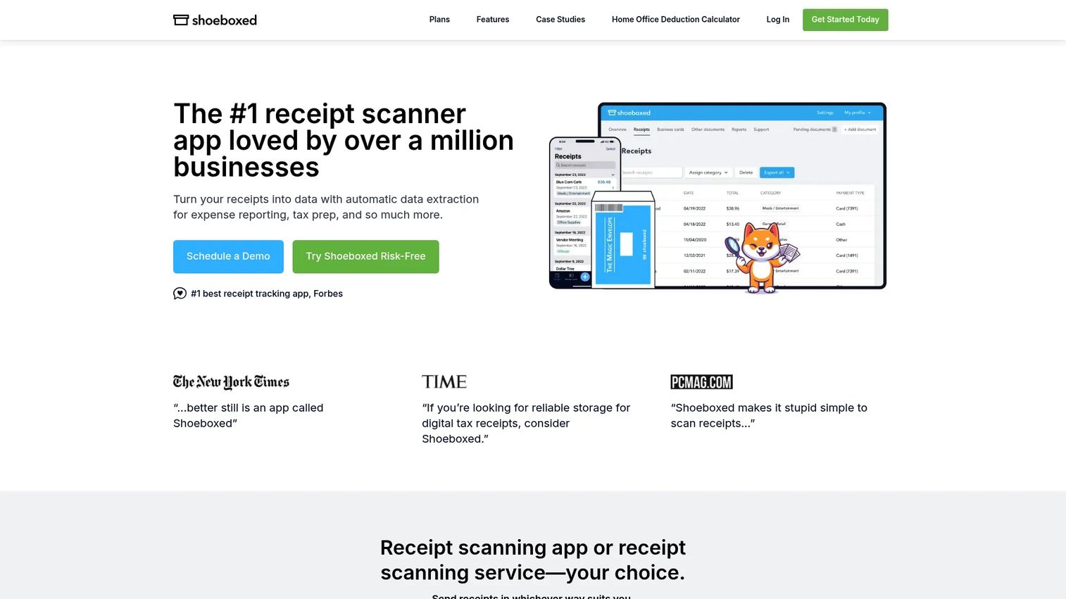Shoeboxed dashboard showing digitized receipts and mileage expense records