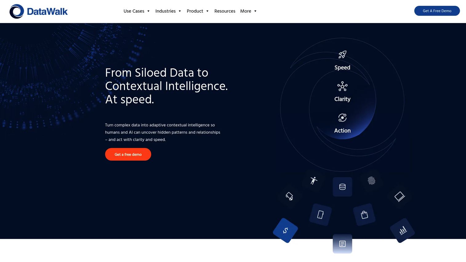DataWalk homepage showing enterprise graph analytics and fraud investigation link analysis